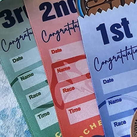 Miklin & Co custom place ribbons showing 1st, 2nd, 3rd place designs with school branding for Australian athletics carnivals and sports day events