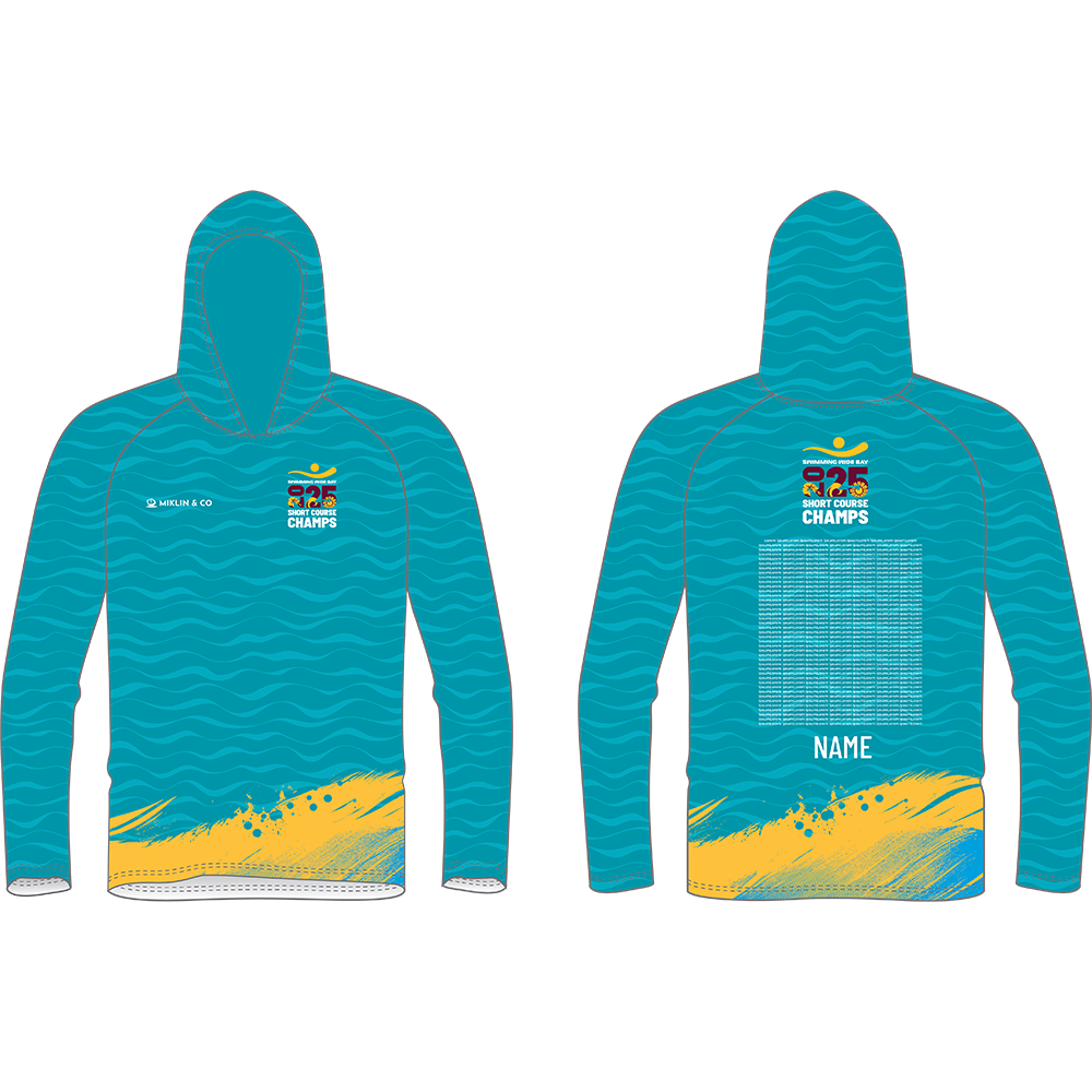 Lightweight long sleeve hooded sun shirt in teal for Swimming Wide Bay Short Course Championships 2025