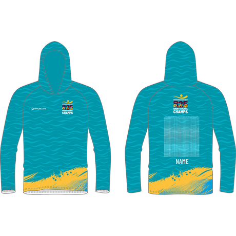 Lightweight long sleeve hooded sun shirt in teal for Swimming Wide Bay Short Course Championships 2025