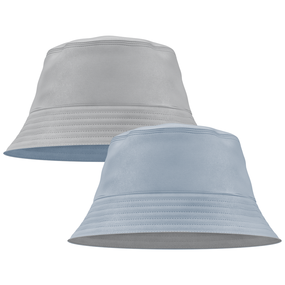 Miklin & Co custom reversible bucket hat showing both sides with full-colour team logo printing and embroidered branding details