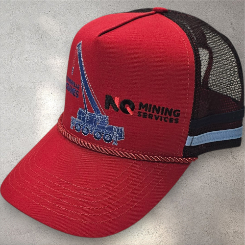 Custom trucker with crane stitched embroidery and rope with two stripes