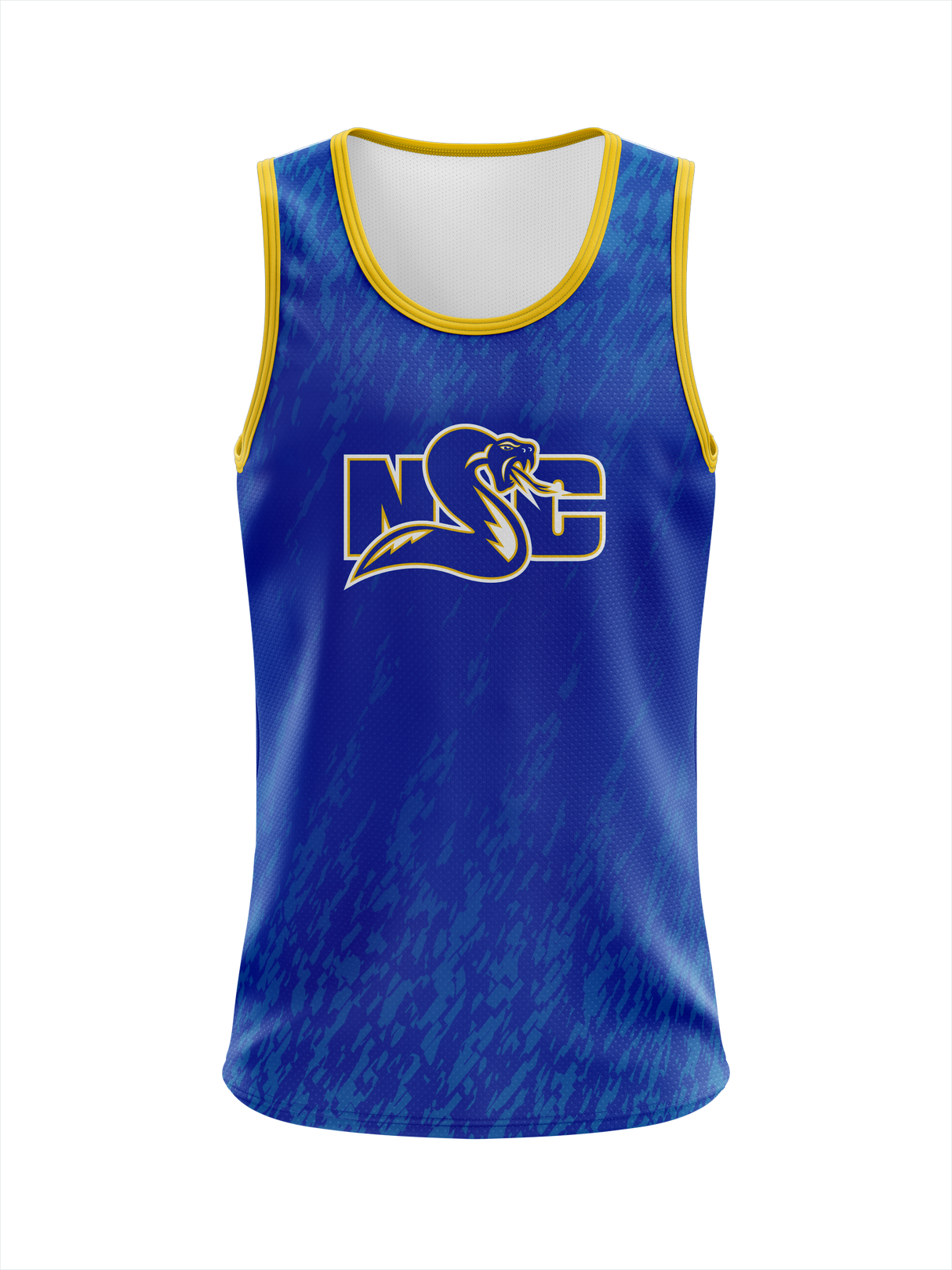 Custom sublimated NSC athlete singlet in royal blue with gold trim, featuring NSC logo on chest and gradient fade design