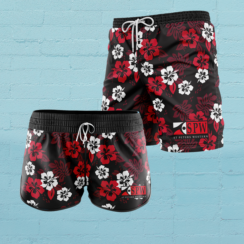 Custom swim team training shorts with club logo