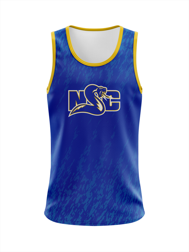 Custom sublimated NSC athlete singlet in royal blue with gold trim, featuring NSC logo on chest and gradient fade design