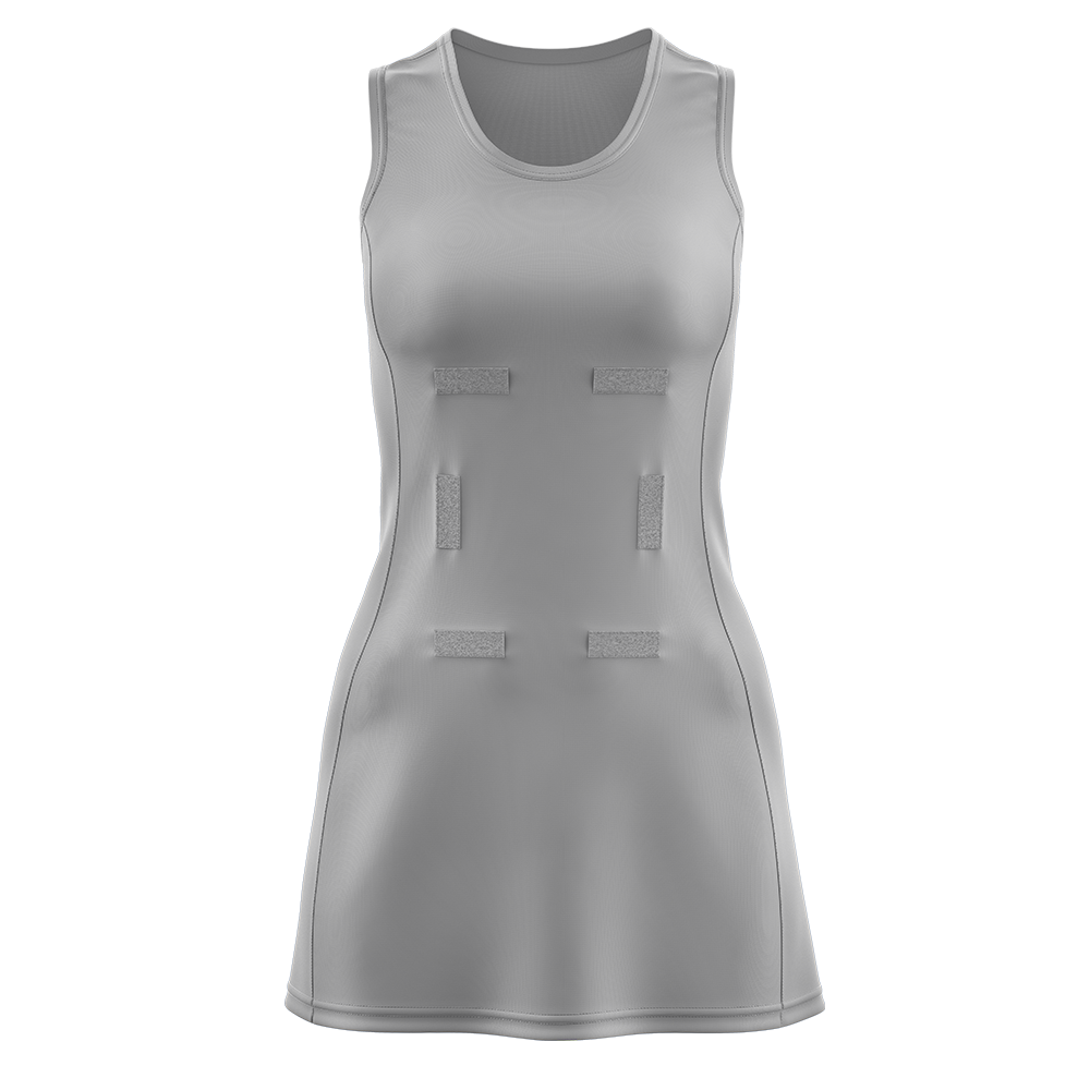 Miklin & Co custom classic netball dress with panelled design and stick-on position bibs, available in all sizes for school and club teams