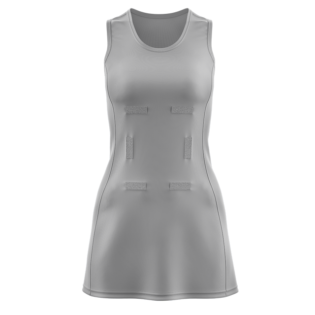 Miklin & Co custom classic netball dress with panelled design and stick-on position bibs, available in all sizes for school and club teams