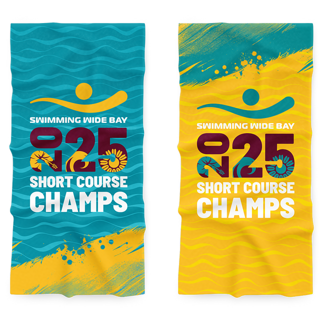 Official Swimming Wide Bay 2025 Long Course Championships DriTech Towel with event logo and quick-dry lightweight technology